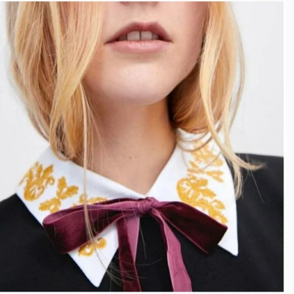 Zara Black White Embroidered Collar Mini Dress Sz M - Picture 2 of 14